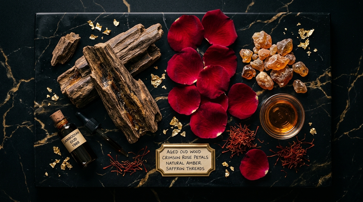 Rare Luxury Perfume Ingredients — Aged Cambodian oud wood, Taif rose petals, natural ambergris, and 24k gold leaf on black marble